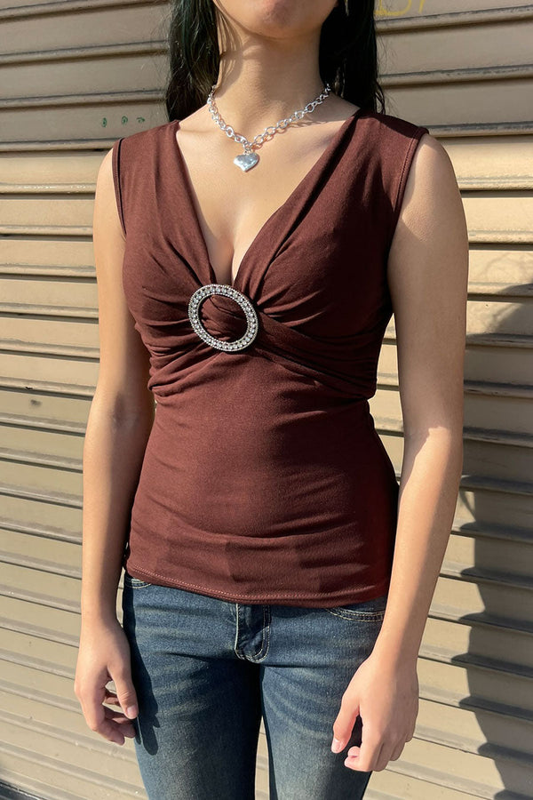 Y2K Crystal O-Ring Ruched Silk-Blend Sleeveless Blouse