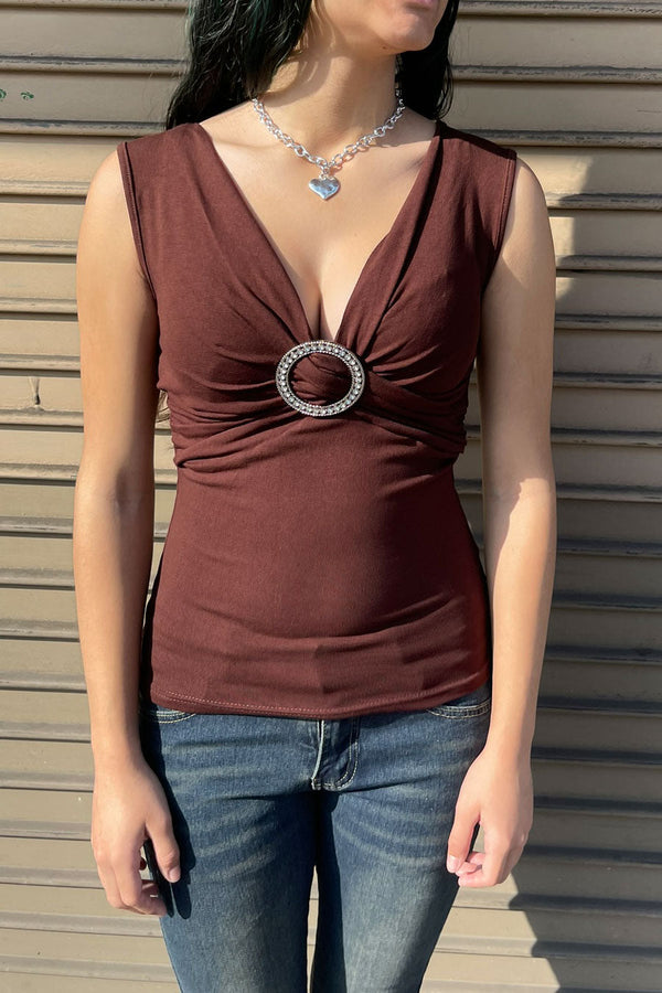 Y2K Crystal O-Ring Ruched Silk-Blend Sleeveless Blouse