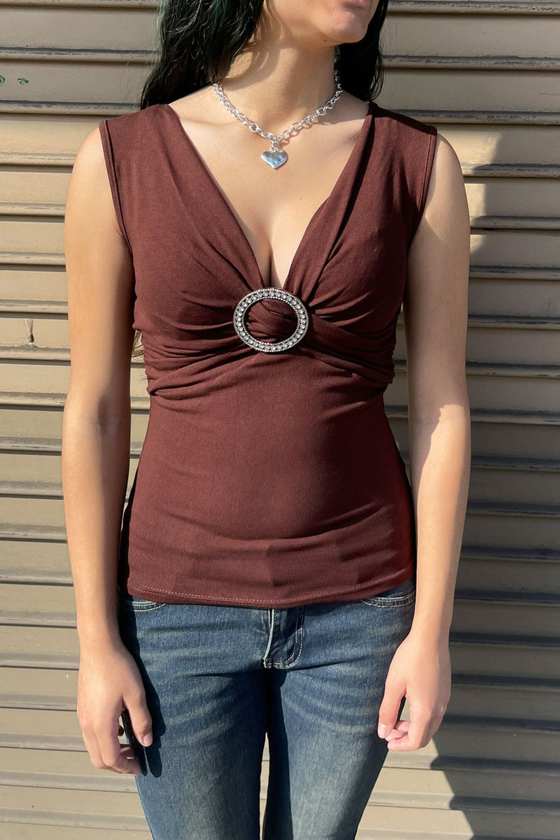 Y2K Crystal O-Ring Ruched Silk-Blend Sleeveless Blouse