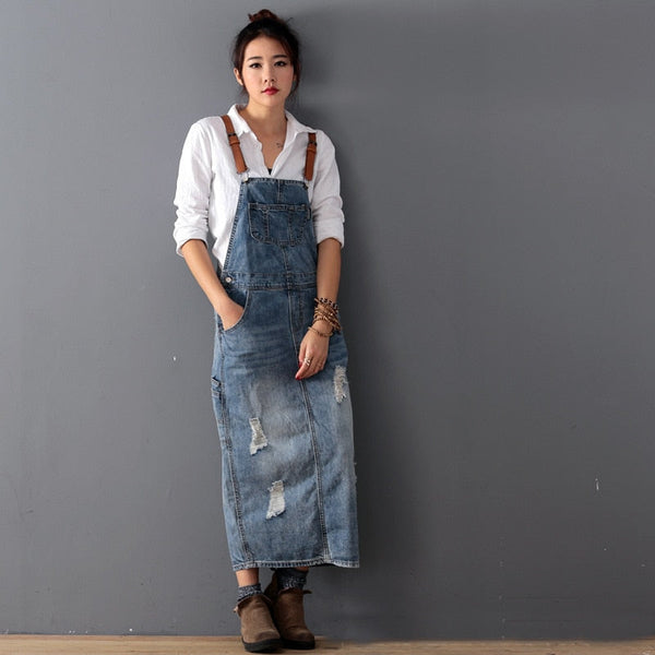 Ripped Denim Overall Dress