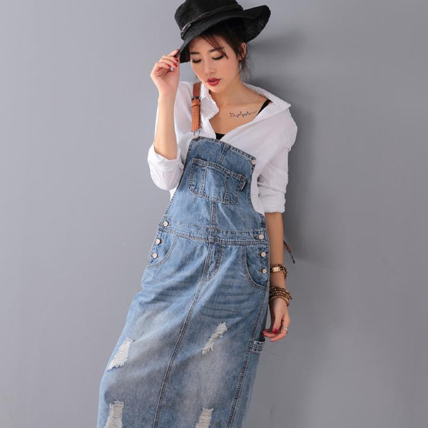 Ripped Denim Overall Dress